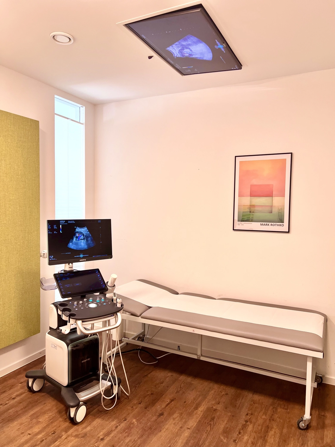 Praxis an der Havel - Innere Medizin, Diagnostik, Prävention und chronische Versorgung - In einem hellen, modernen Behandlungsraum steht neben einer Untersuchungsliege ein Ultraschallgerät mit Monitor. Auf einem an der Decke montierten Bildschirm wird dasselbe Ultraschallbild angezeigt, und an der Wand hängt ein Poster von Mark Rothko.